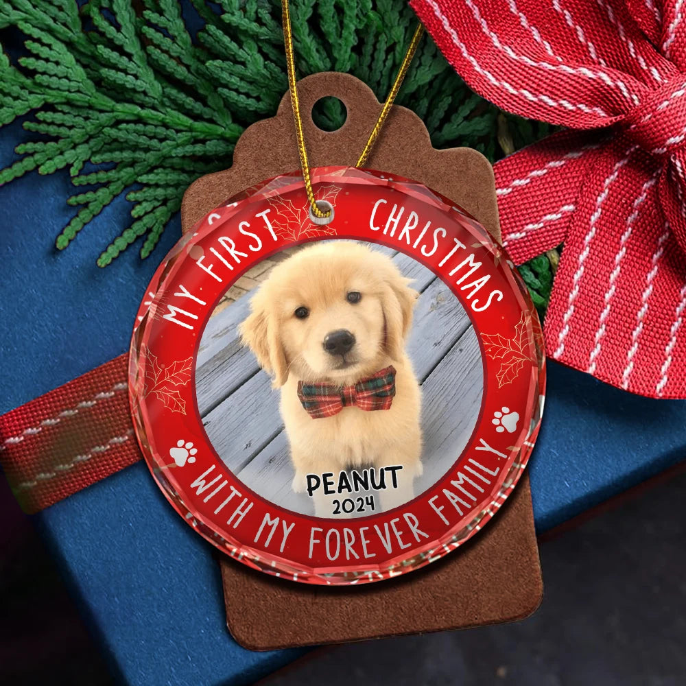 Custom Photo First Christmas Pet Lovers - Personalized Circle Glass Ornament