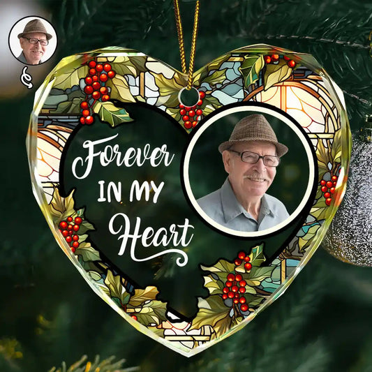Custom Photo Floral Forever In Our Hearts - Personalized Heart Shaped Glass Ornament