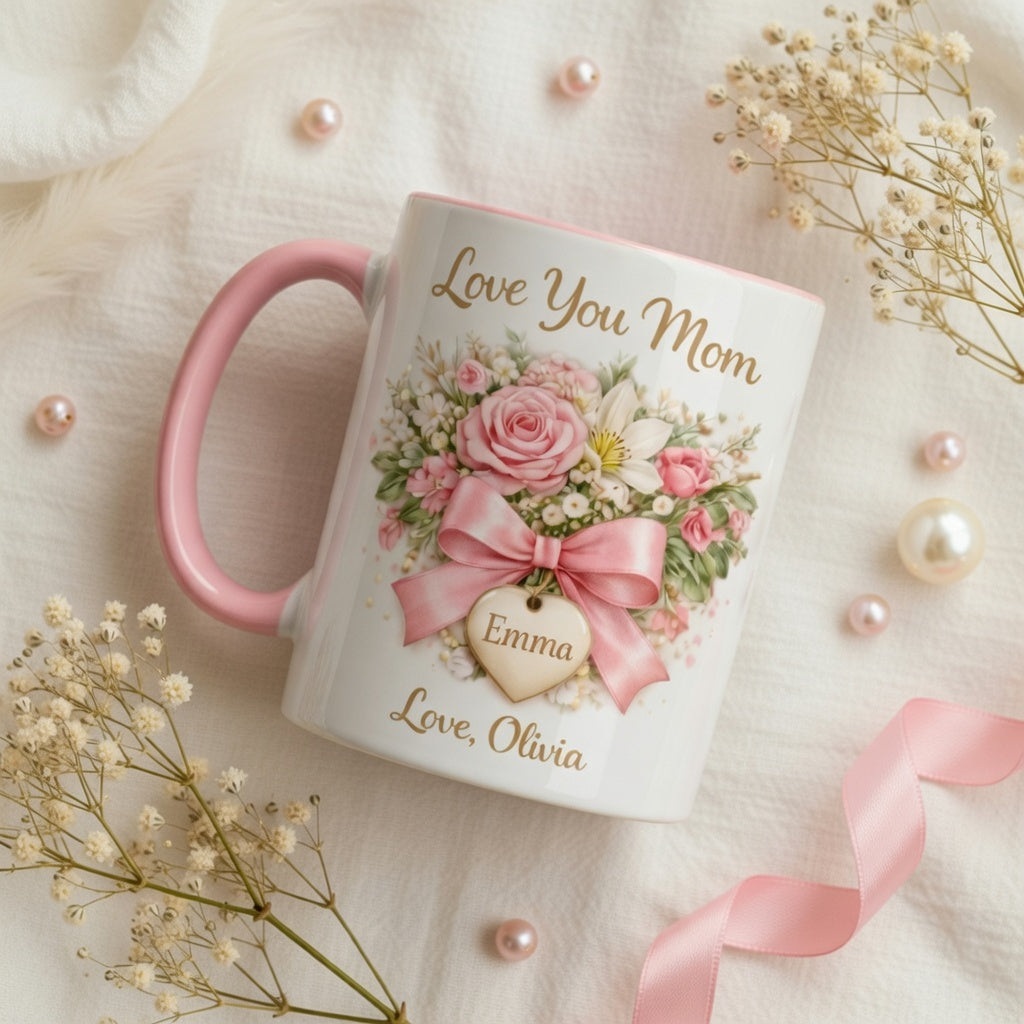 Love You Mom - Personalized Pink Floral Mug for Mom, Gift from Daughter