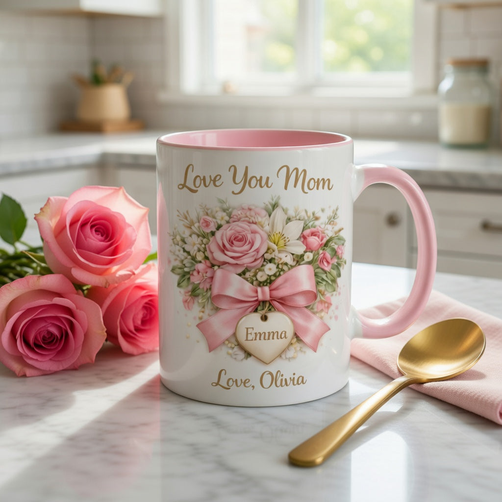 Love You Mom - Personalized Pink Floral Mug for Mom, Gift from Daughter