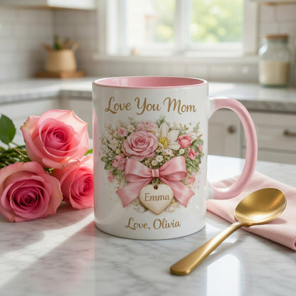 Love You Mom - Personalized Pink Floral Mug for Mom, Gift from Daughter