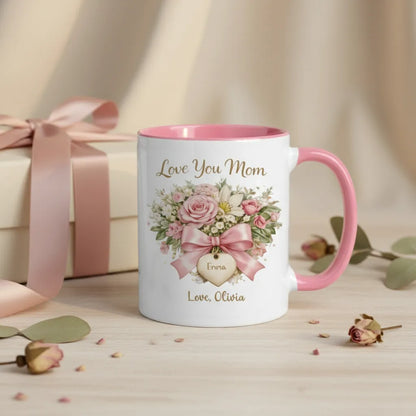 Love You Mom - Personalized Pink Floral Mug for Mom, Gift from Daughter