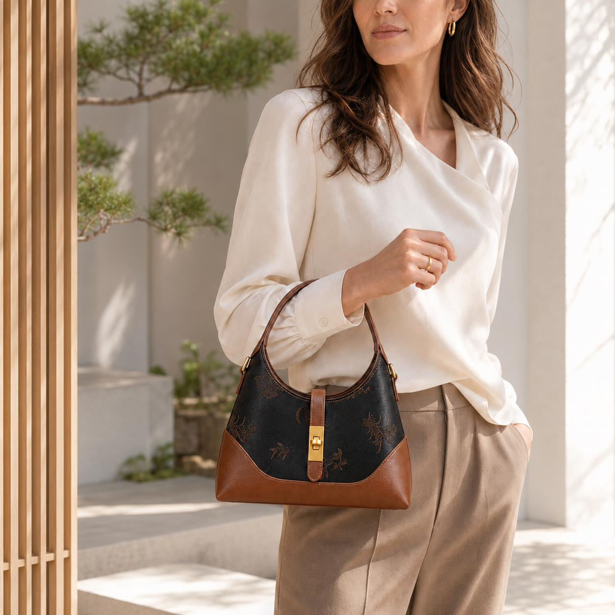 Black Shang Yun Silk & Leather Shoulder Bag