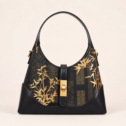 Gold Bamboo Silk & Leather Shoulder Bag