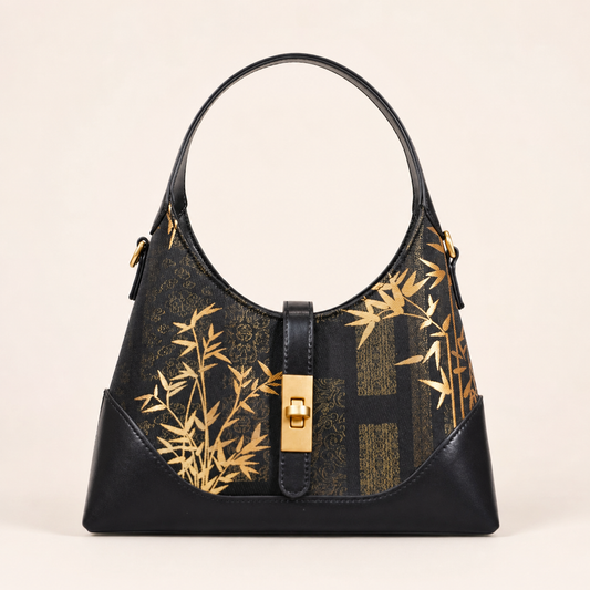 Gold Bamboo Silk & Leather Shoulder Bag