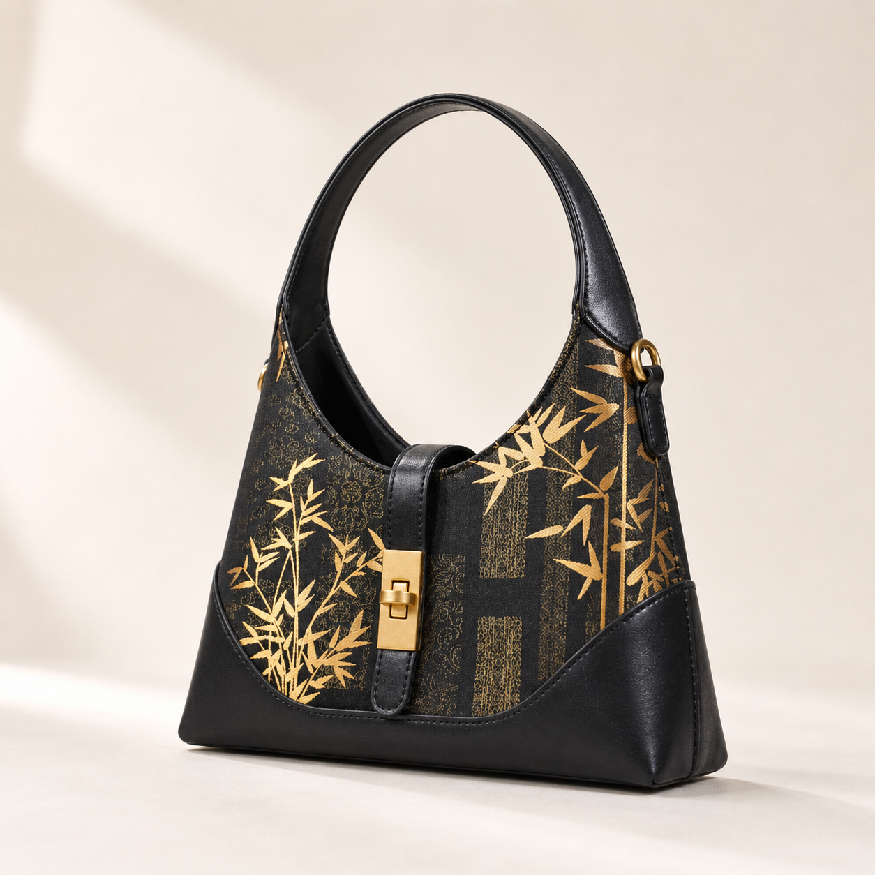 Gold Bamboo Silk & Leather Shoulder Bag