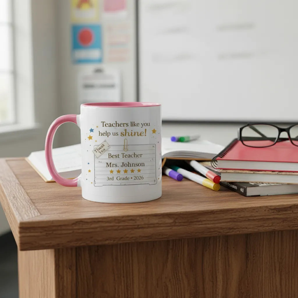 Teachers Like You Help Us Shine - Personalized Ceramic Coffee Mug - Meaningful Appreciation Gift for Teacher, Mentor, Professor - 11oz Colorful Rim & Handle Mug