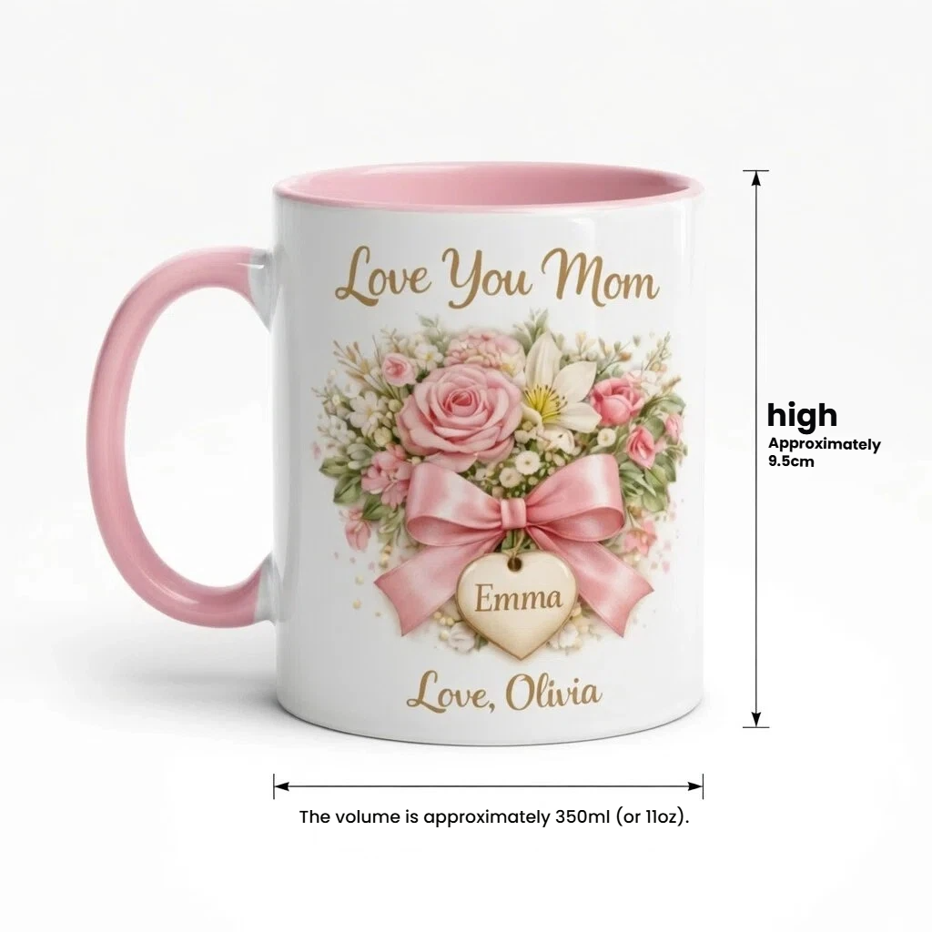 Love You Mom - Personalized Pink Floral Mug for Mom, Gift from Daughter