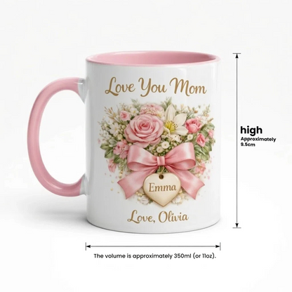 Love You Mom - Personalized Pink Floral Mug for Mom, Gift from Daughter