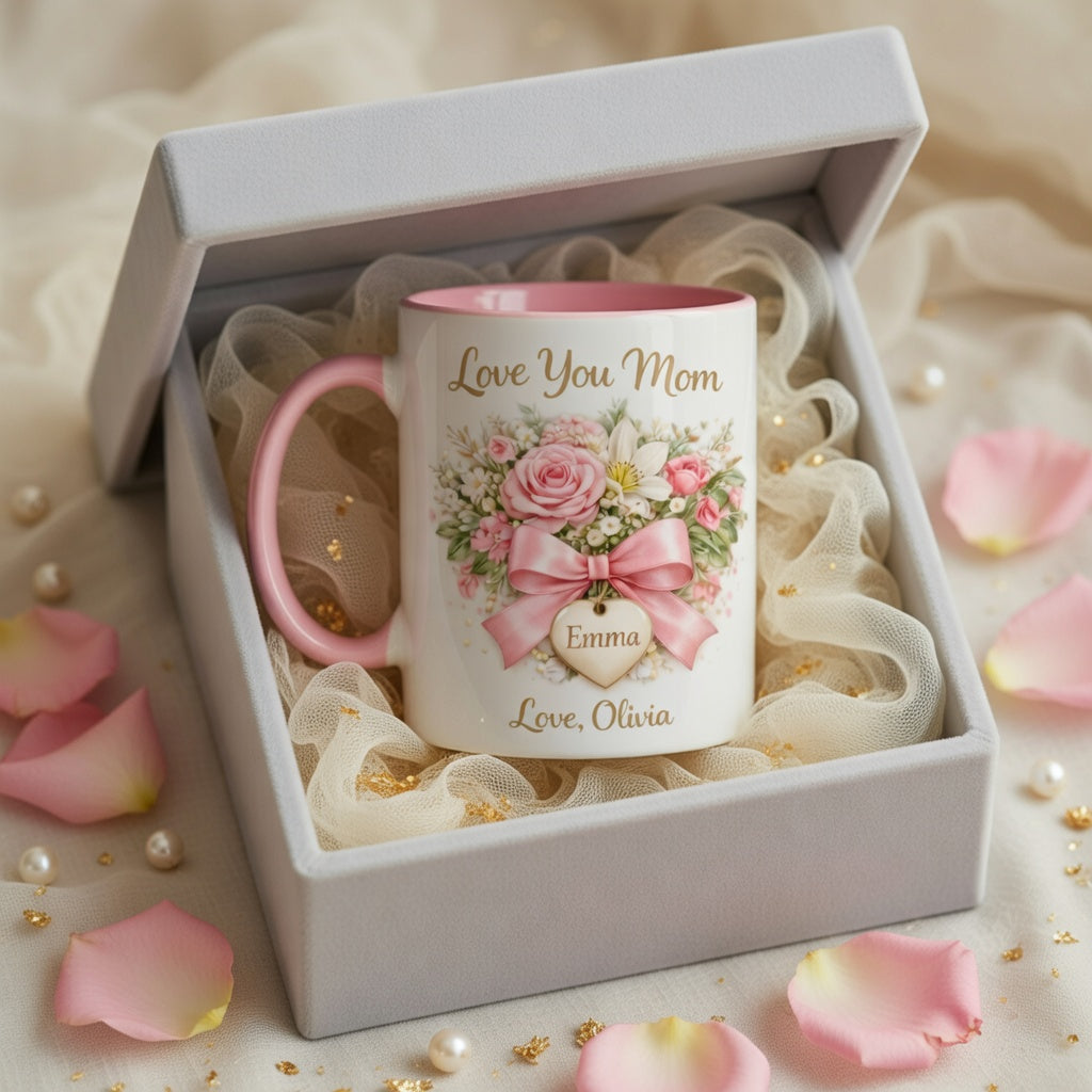 Love You Mom - Personalized Pink Floral Mug for Mom, Gift from Daughter
