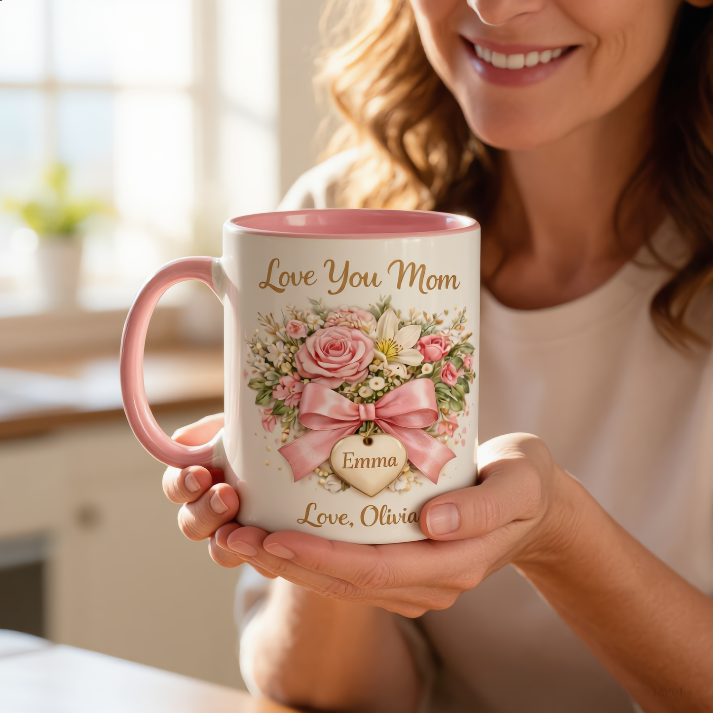Love You Mom - Personalized Pink Floral Mug for Mom, Gift from Daughter