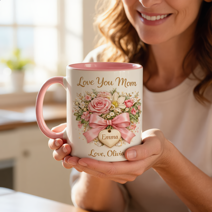 Love You Mom - Personalized Pink Floral Mug for Mom, Gift from Daughter