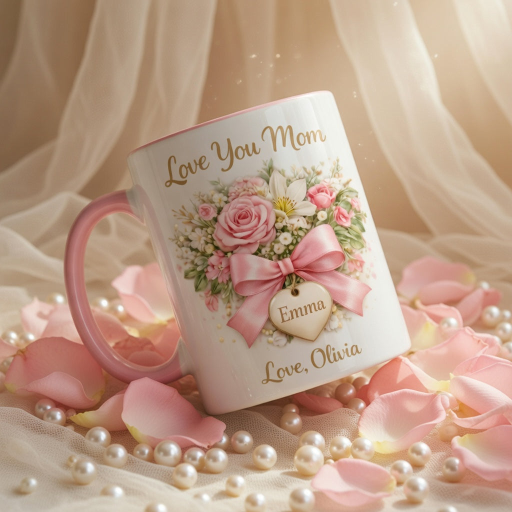 Love You Mom - Personalized Pink Floral Mug for Mom, Gift from Daughter